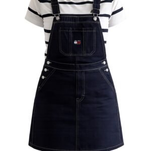 Dark Navy Denim Overall Dress with Striped T-Shirt