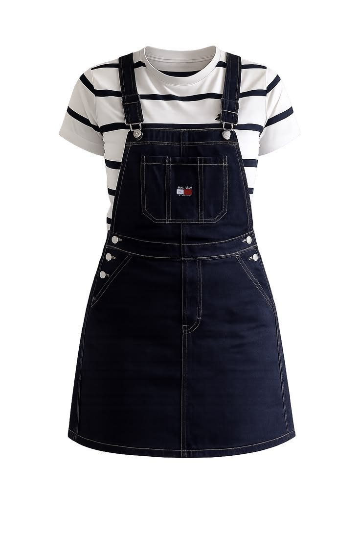 Dark Navy Denim Overall Dress with Striped T-Shirt